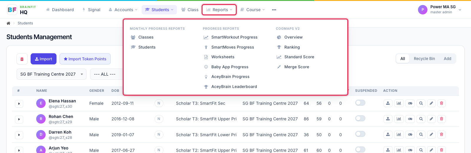 Reports menu