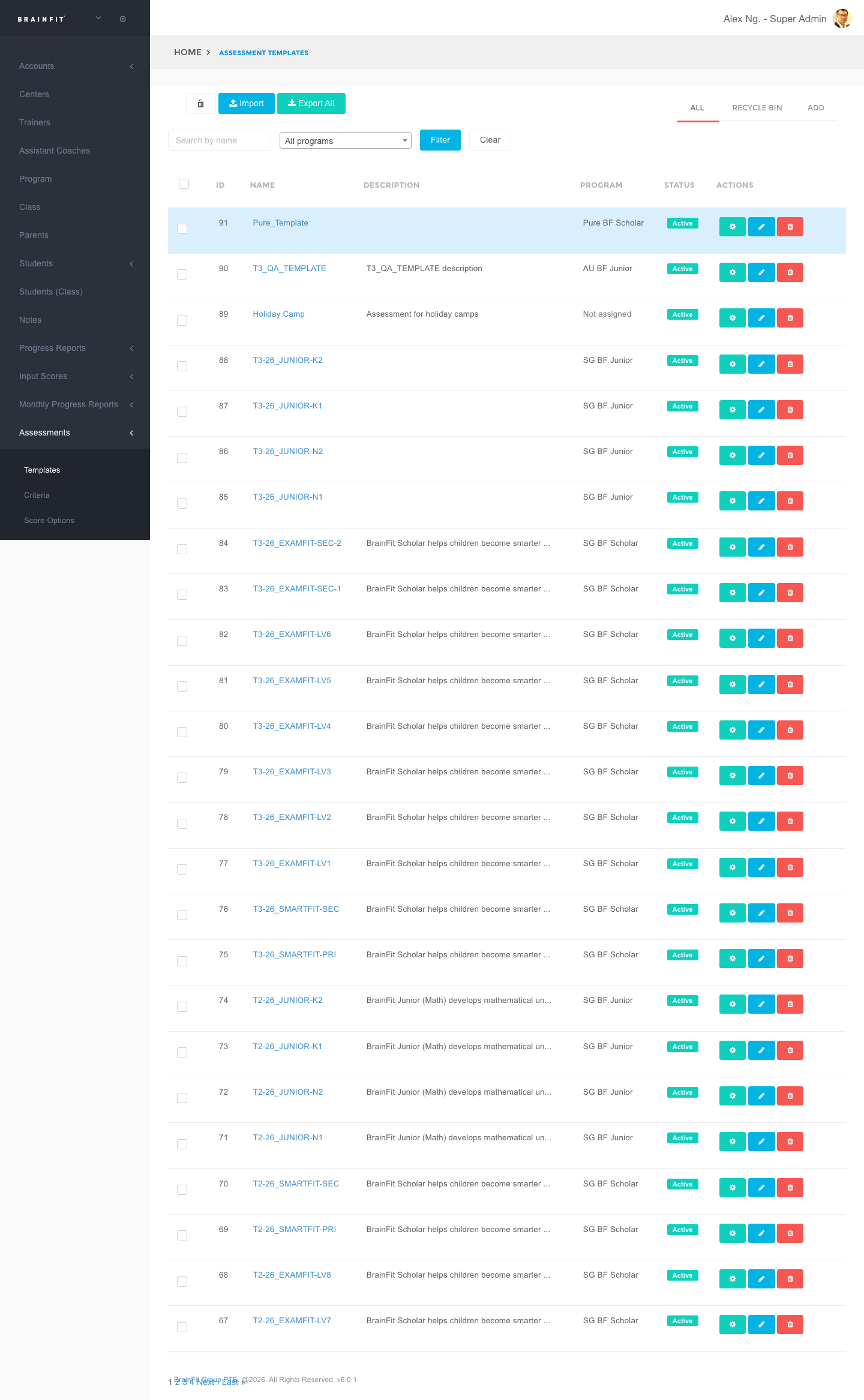 Assessment Templates list, showing the Program column and "All programs" filter